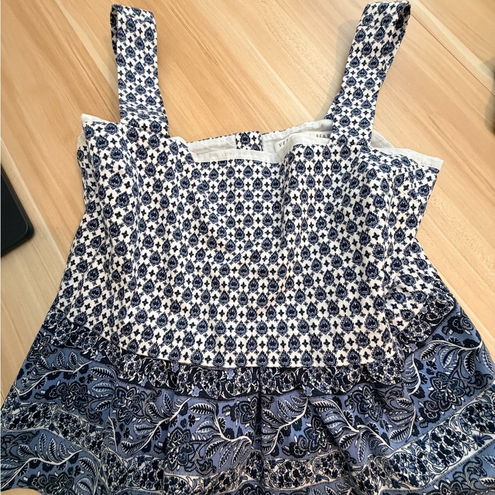 Veronica Beard White and Navy Printed Tank Top